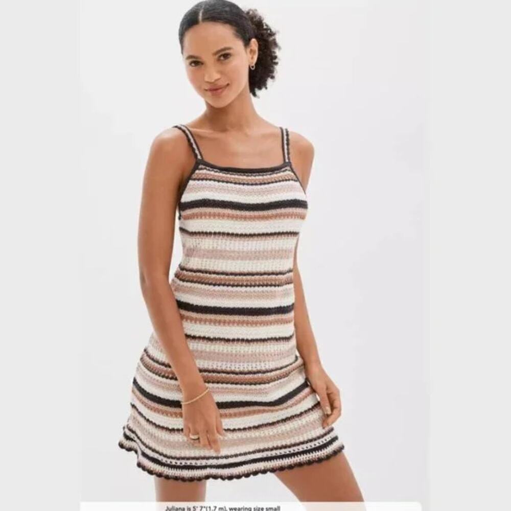 American Eagle Striped Crochet Sweater Dress Tassel Tie Back Mini Cotton Size S